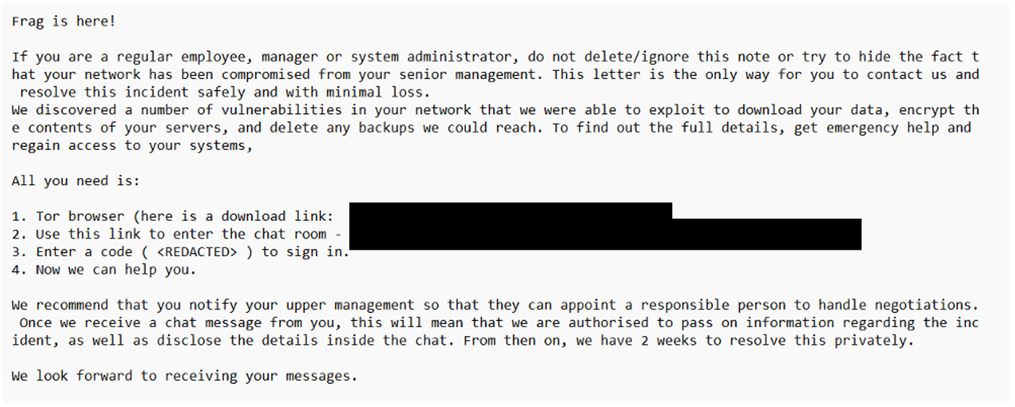Figure 4: Frag Ransomware note associated with a STAC5881 attack