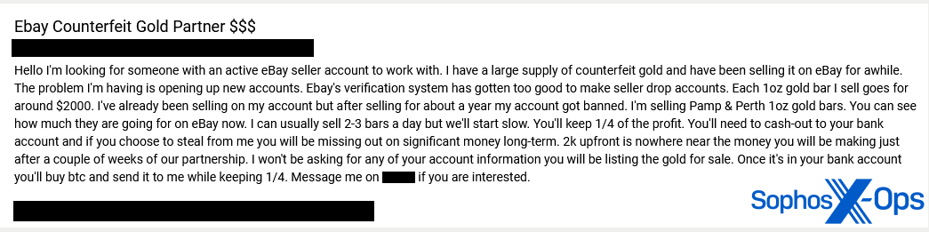 A screenshot from a criminal forum