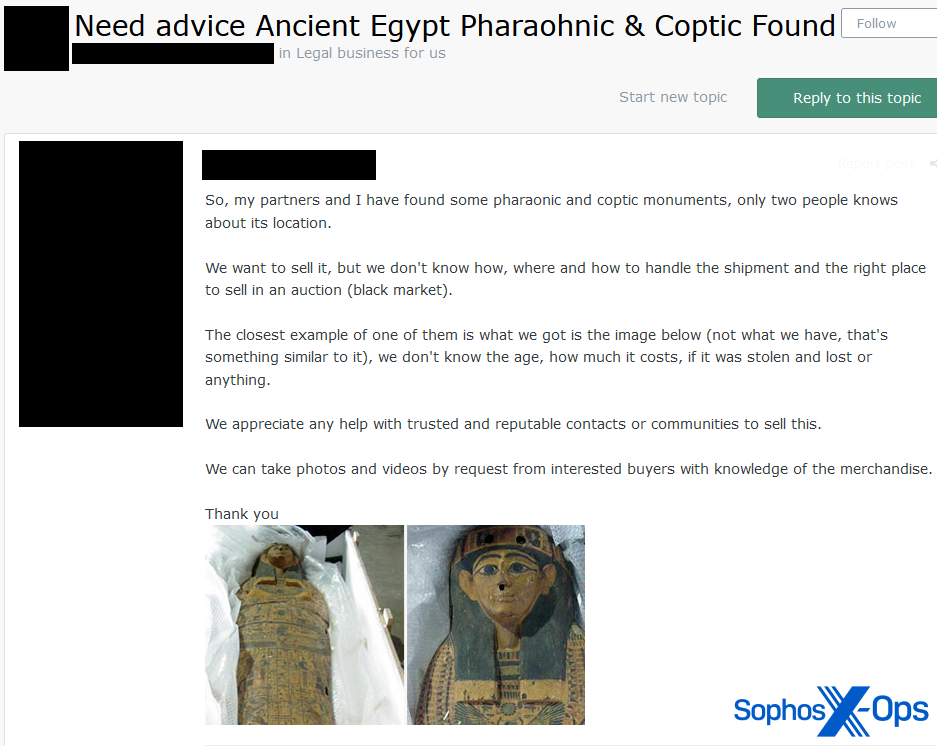 A screenshot from a criminal forum, including a photographs of a sarcophagus
