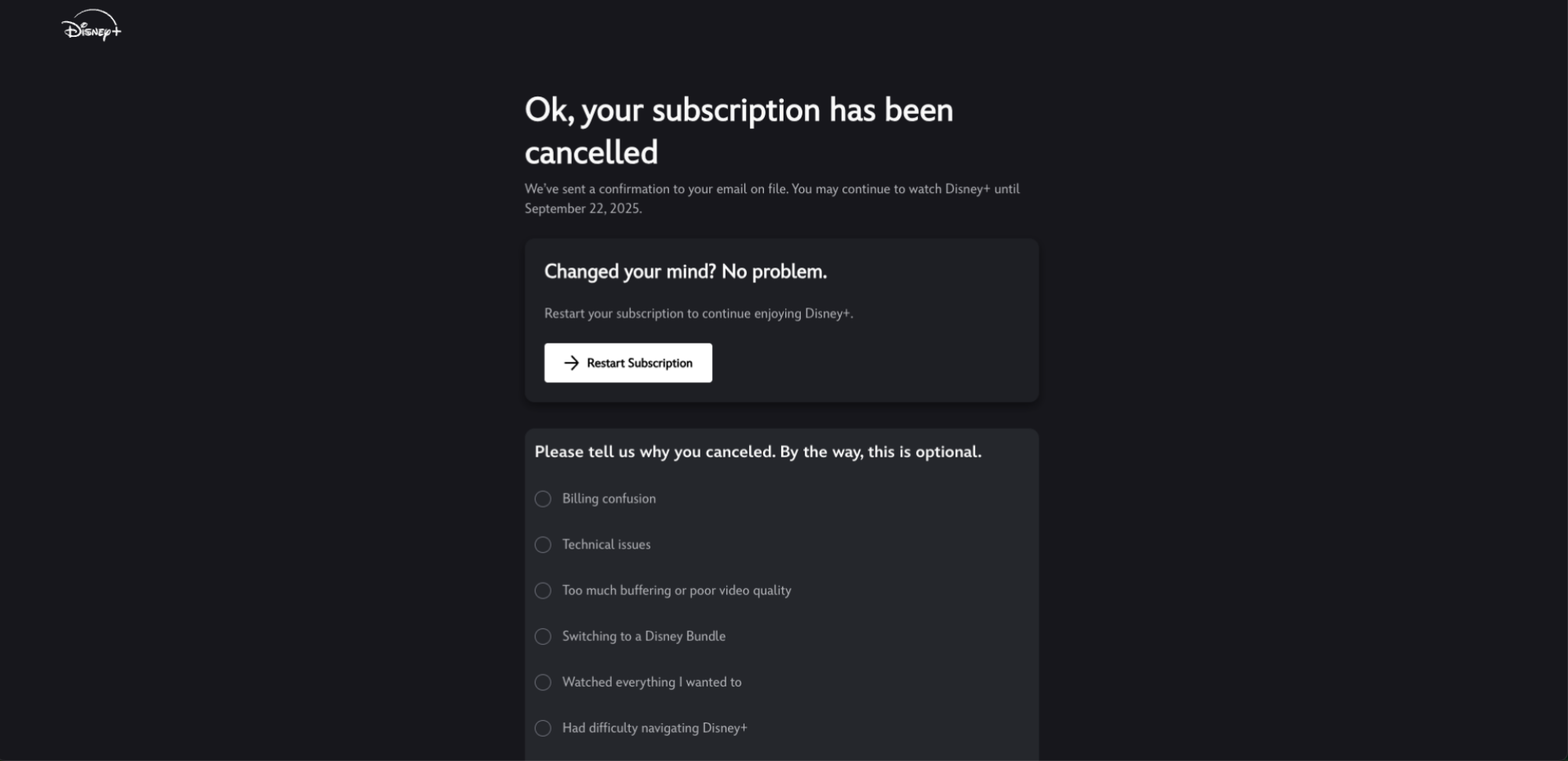 A screenshot of Disney+'s "Manage Your Account" page, with a red circle around an arrow next to the account's subscription.
