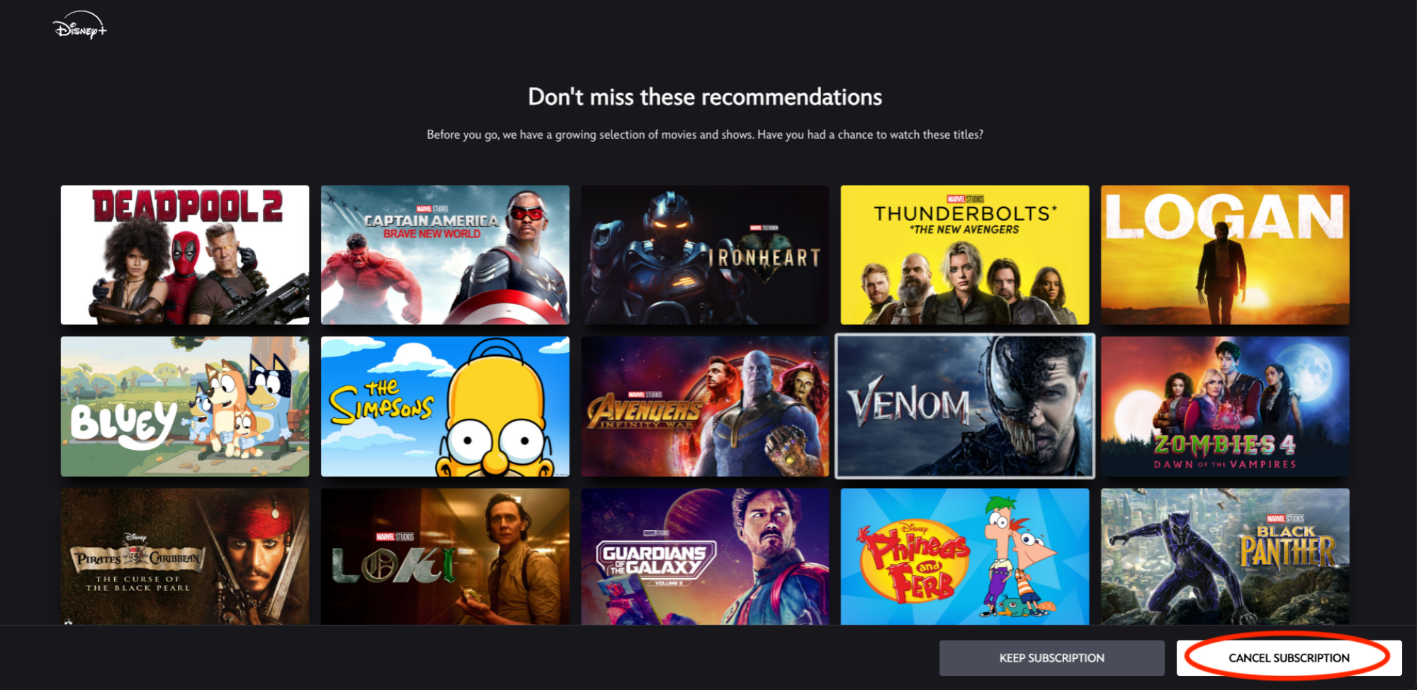 A screenshot of Disney+'s account cancellation page, with the words "Cancel Subscription" in the bottom right corner circled in red.