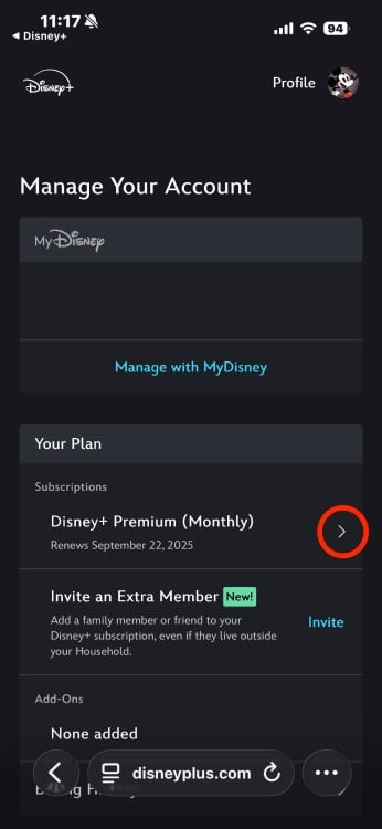 A screenshot of Disney+'s "Manage Your Account" page, with an arrow next to a subscription plan circled in red.
