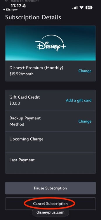 Disney+'s "Subscription Details" page, with "Cancel Subscription" at the bottom circled in red.