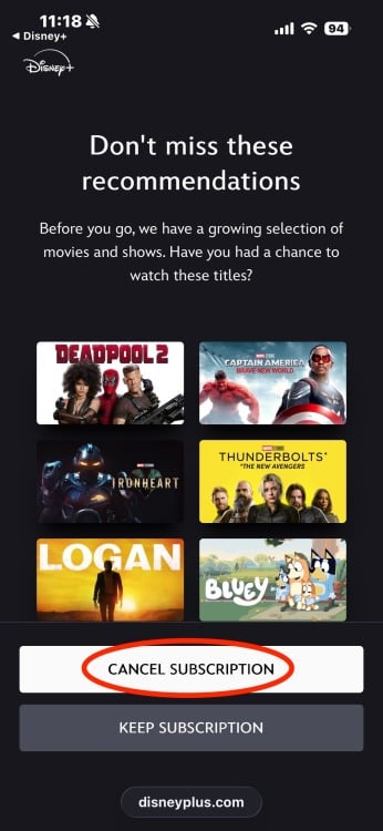 Disney+'s cancellation screen, with "Cancel Subscription" circled in red.