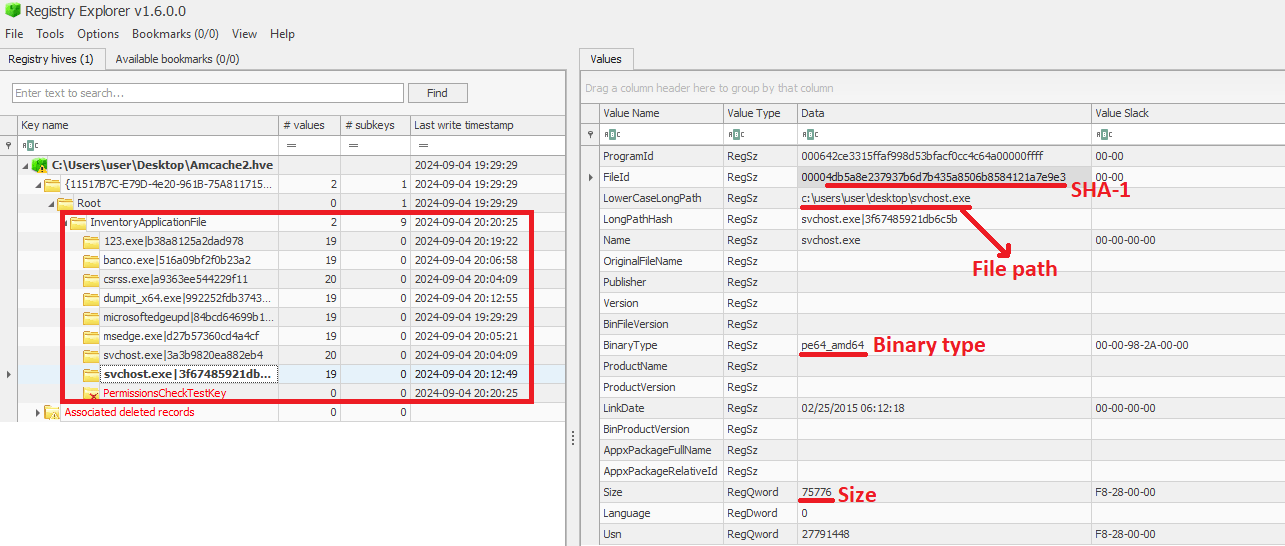 InventoryApplicationFile inspected through Registry Explorer