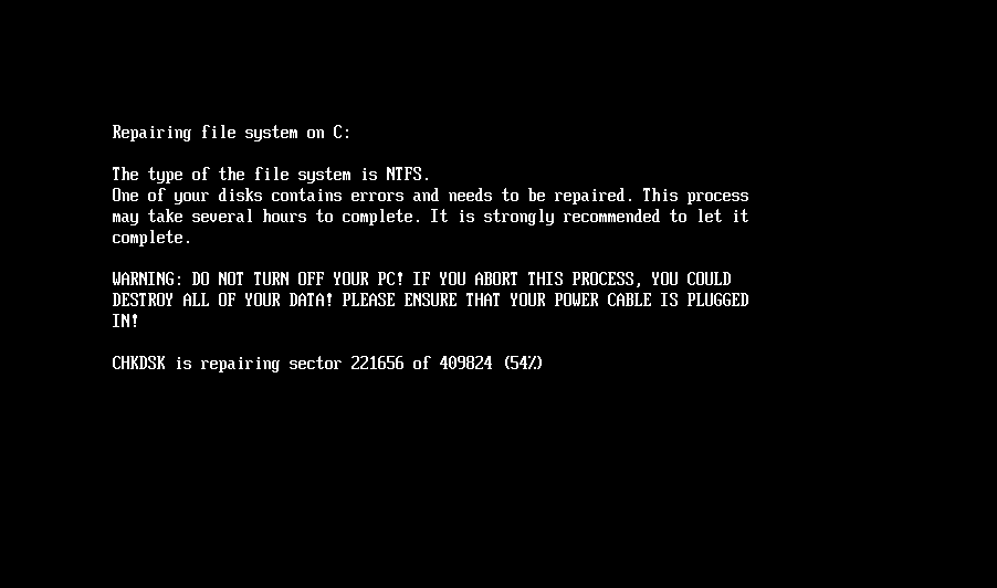 Figure 4. Fake CHKDSK message shown by HybridPetya