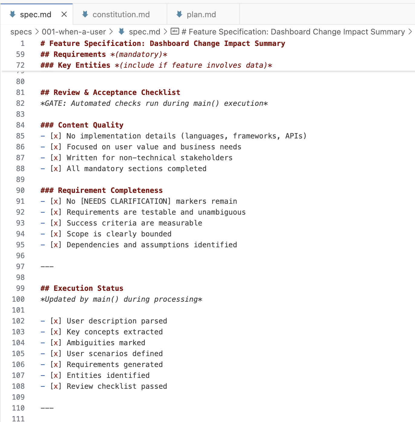 A partial screenshot of the very end of the spec.md file, showing a bunch of checklists for content quality, requirement completeness, execution status.