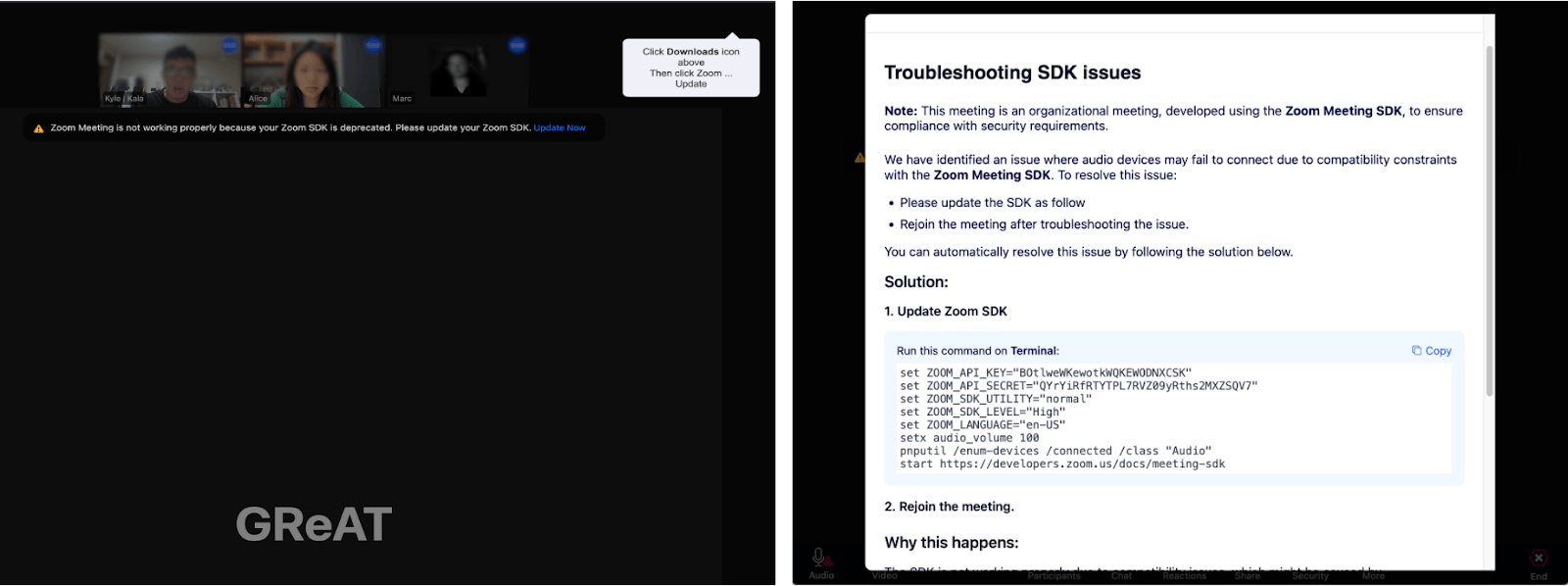 Clicking the link on macOS (left) and on Windows (right)