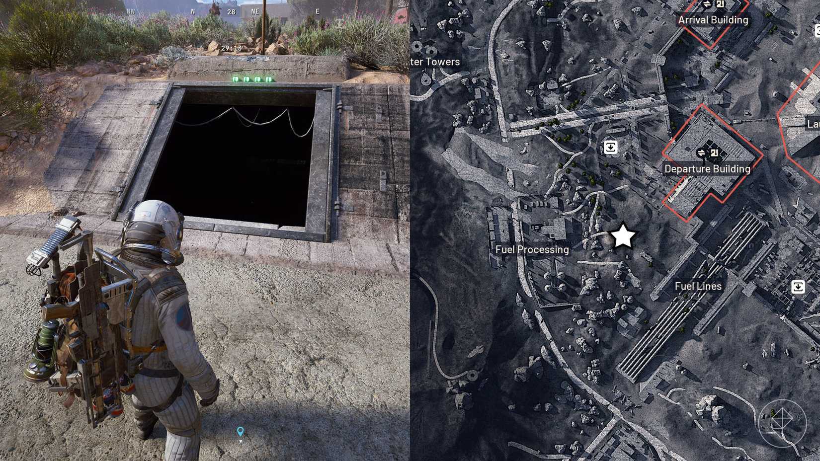 The entrance to the Hidden Bunker on Spaceport along with its location marked on the Arc Raiders map.