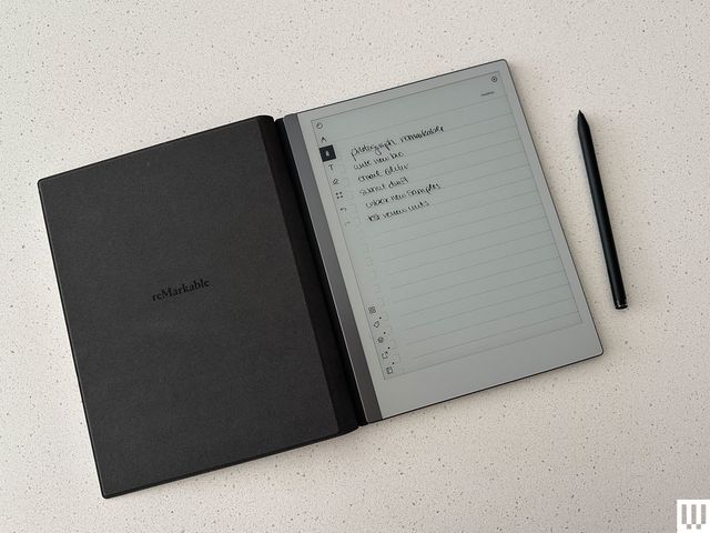 Digital notebook, open and flat, on a white surface with the digital pen beside it