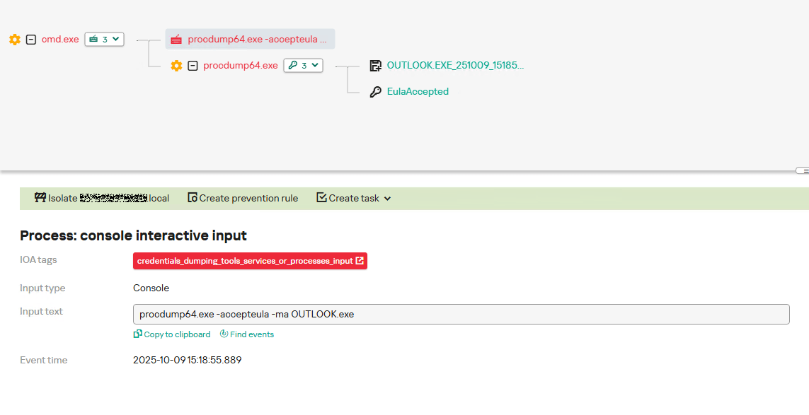 Example of Outlook process dump detection in KATA