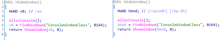 Code of window-hiding function in Tomiris C/C++ ReverseShell and Tomiris Downloader