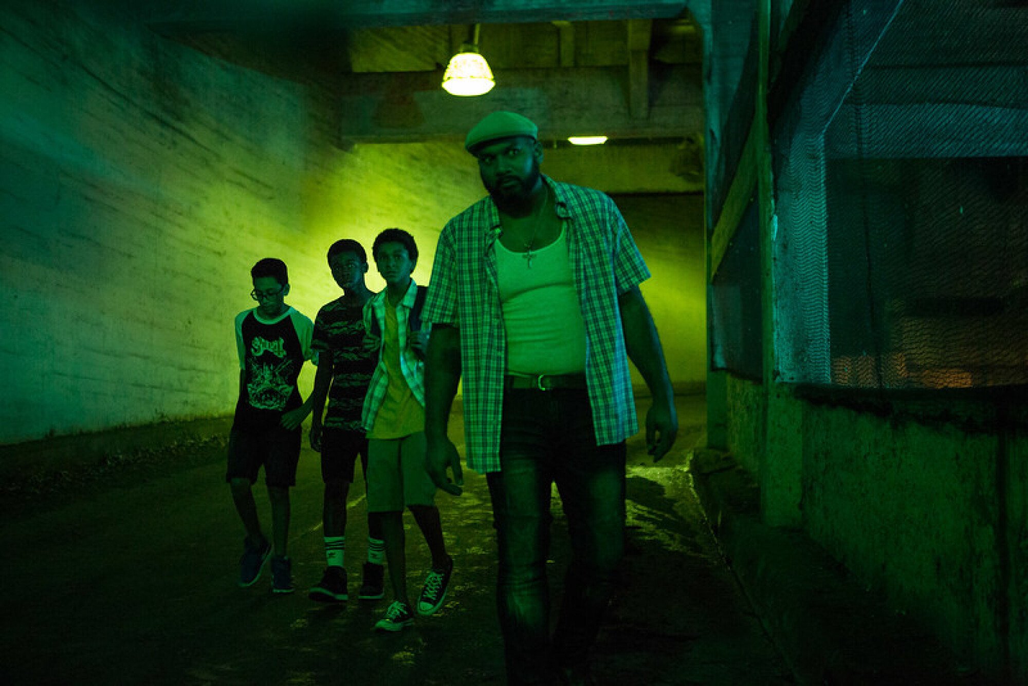 Kids in a creepy hallway.