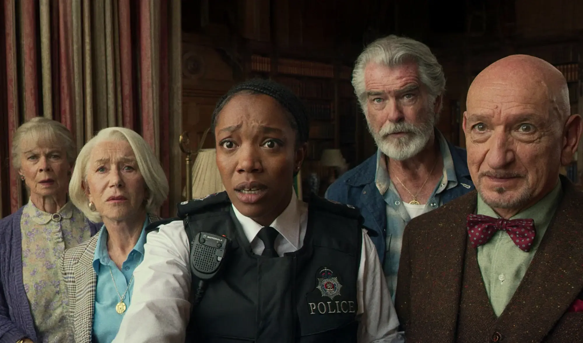 Celia Imrie, Helen Mirren, Naomi Ackie, Pierce Brosnan, and Sir Ben Kingsley in