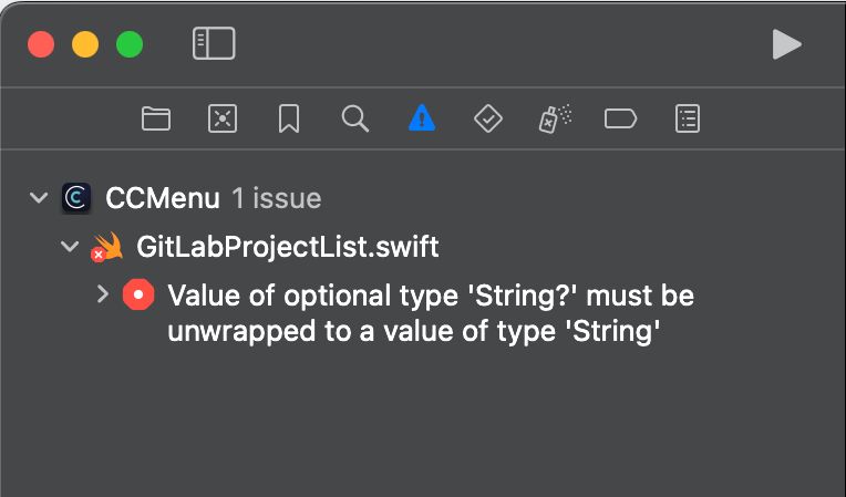 Screenshot of Xcode panel showing a compiler error in GitLabProjectList.swift. The error reads "Value of optional type 'String?' must be unwrapped to a value of type 'String'".