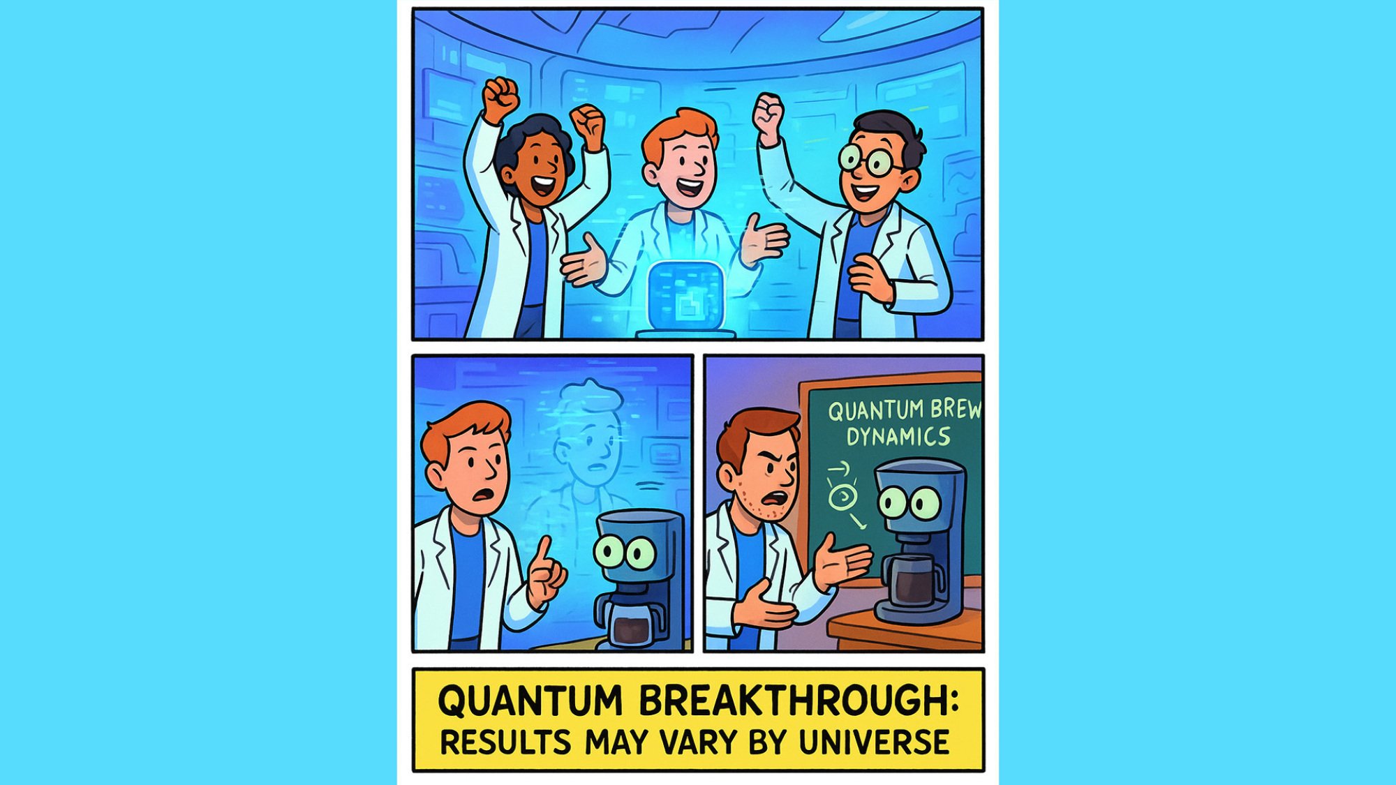 A three-panel cartoon. In one panel, scientists are celebrating in a technology-laden room. In the second, a scientist is talking to a sentient coffee maker. In the third panel, a scientists is arguing angrily with the same coffee maker in front of a chalkboard reading 