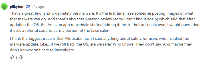User complaint on Reddit