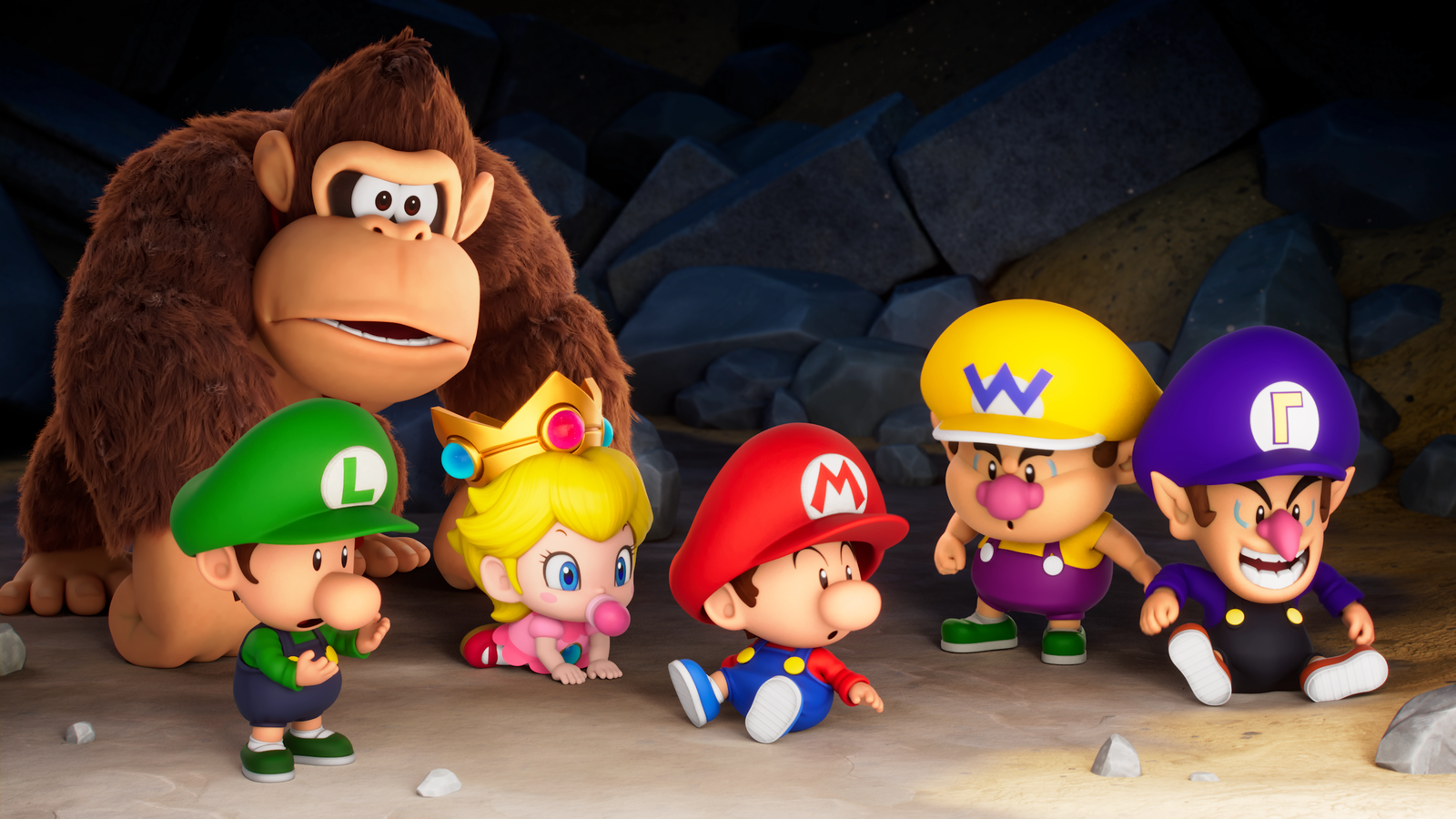 Baby Mario, Luigi, Peach, Wario, and Waluigi with Donkey Kong in the Adventure mode for Mario Tennis Fever